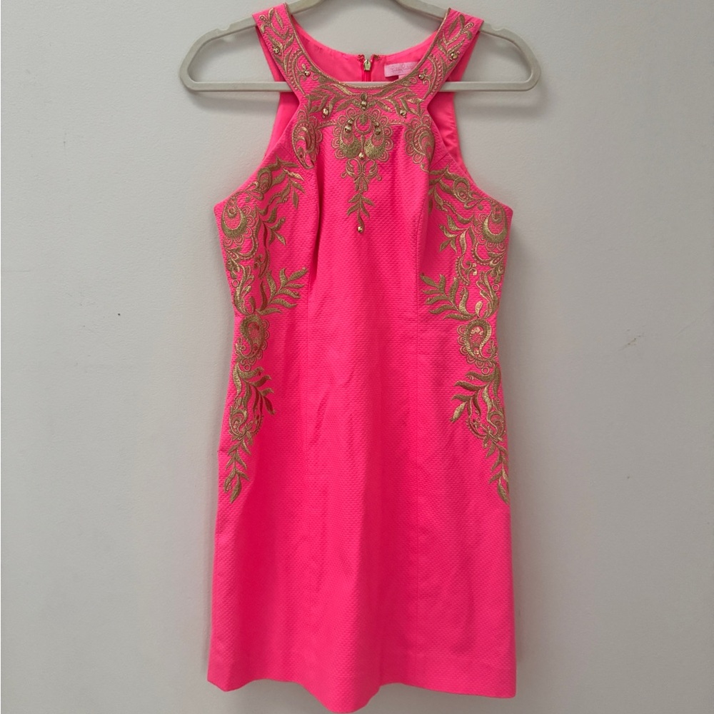 Lilly Pulitzer Tina Coral Pink & Gold Asymmetrical Embellished Cocktail Dress